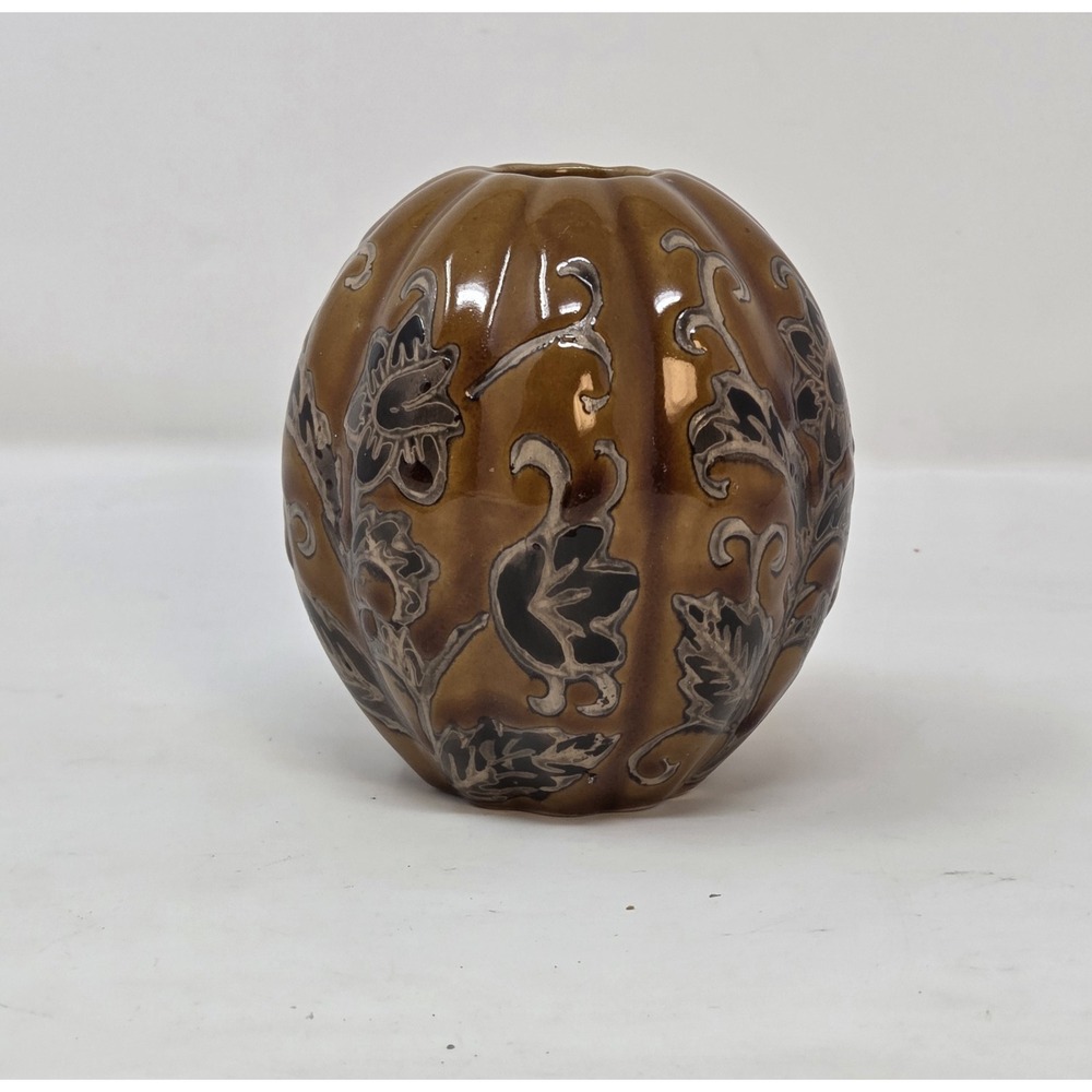 Vintage German Style Art Nouveau Slip Pottery Vase Ribbed Melon Brown Floral 4"